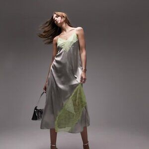 Topshop lace cami midi dress in silver and lime Size 10